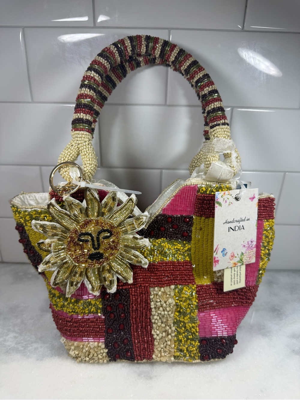 NEW Made In India Beaded Patchwork Purse with Sun charm Viral NWT